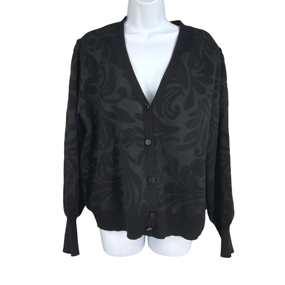 Chico's Cardigan Sweater Womens 3 XL Black Damask Jacquard Puff Sleeve Preppy